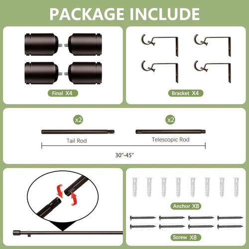 Adjustable Bronze Curtain Rods by [Brand Name] - 30-45 Inch for 30-39 Inch Windows | 2 Pack with Brackets