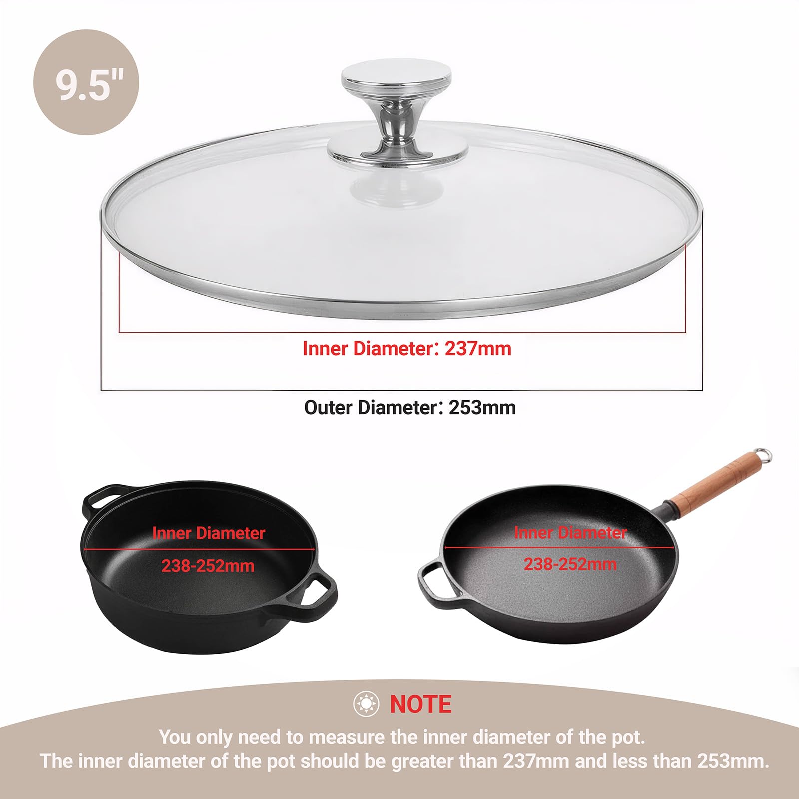 Tyqzor 9.5 Inch Pan Lid for Frying Pan, Skillet, 4mm Clear Tempered Glass, Compatible with Dishwasher and Ovens