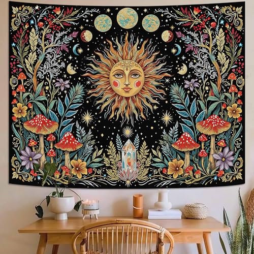 Boho Sun and Moon Wall Tapestry - Vintage Celestial Mushroom Wall Hanging