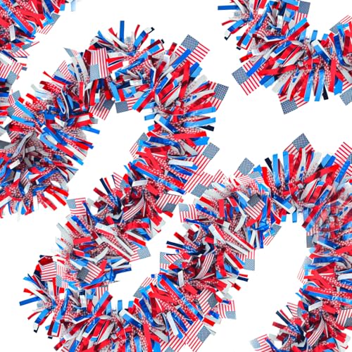 Patriotic Red White & Blue Tinsel Garland with American Flags - 4 Pack