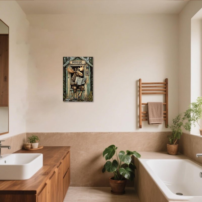 BJYCHG Moose Bathroom Wall Decor Rustic Moose In Outhouse Toilet Reading Newspaper Canvas Prints Forest Wildlife Picture Farmhouse Cabin Decor Framed (Brown, 24L x 16W)