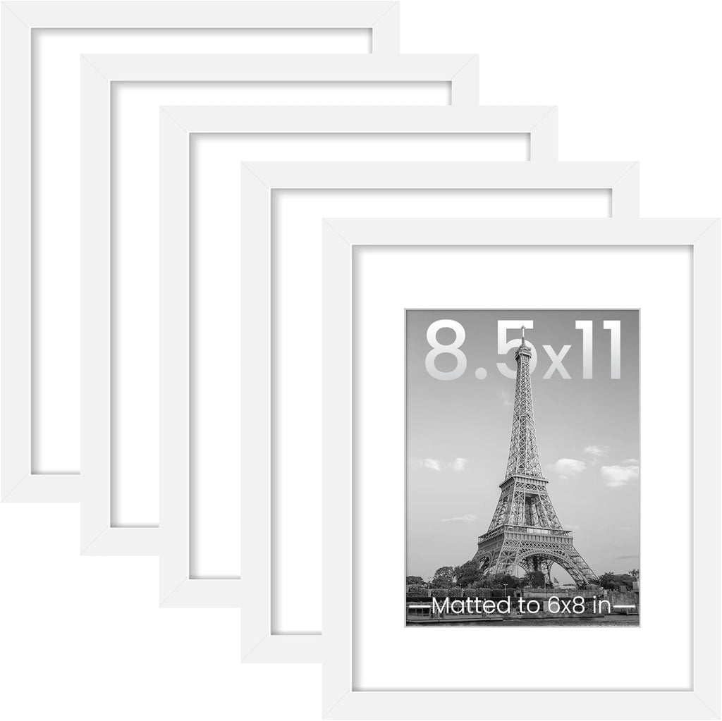 Upsimples 8.5x11 Picture Frame Set of 5 - Versatile Wall Gallery Frames in White for 6x8 or 8.5x11 Photos