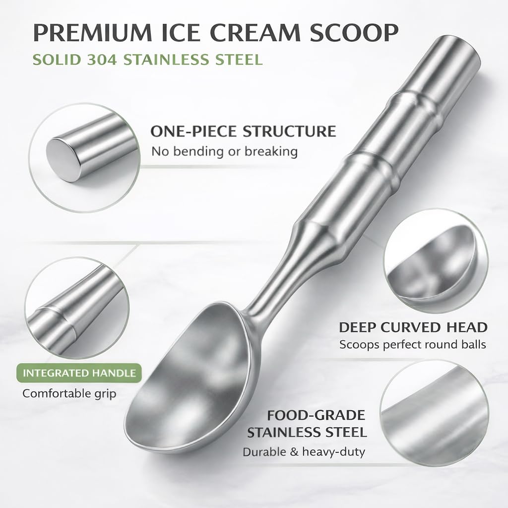 YueMiEcoUS Stainless Steel Ice Cream Scoop, Heavy Duty Ice Cream Scooper with Ergonomic Grip, 100% Dishwasher Safe One-Piece Metal Scoop for Hard Ice Cream, Gelato & Cookie Dough