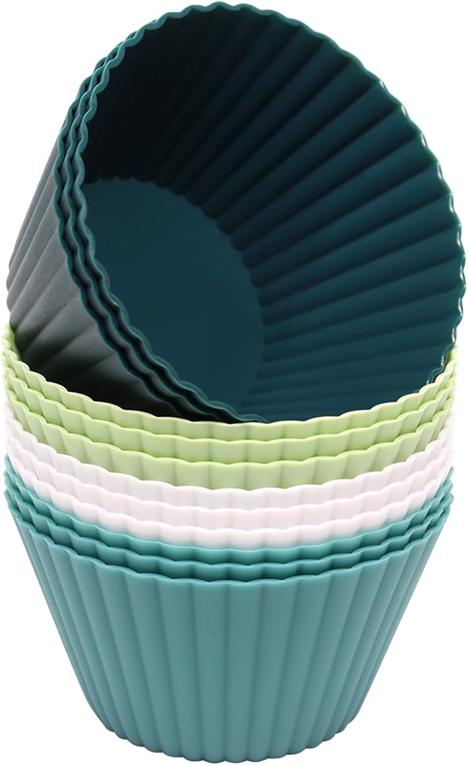 Skiennix Extra Large Silicone Muffin Cups - 12 Pcs Reusable Jumbo Baking Liners | 3.54 Inch, Easy to Clean, Green & White