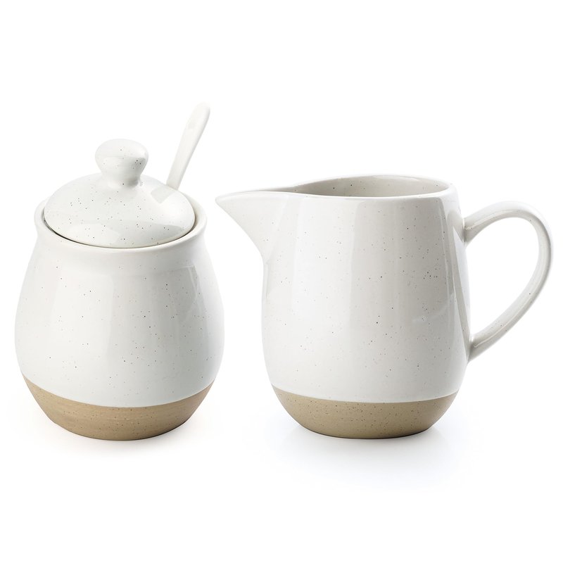 famiware Milkyway Ceramic Sugar and Creamer Set, 10oz Sugar Bowl & 13oz Creamer Set – Stoneware Milk Pitcher & Sugar Dispenser for Coffee Bar, Kitchen, or Countertop, Coffee Serving Set, White