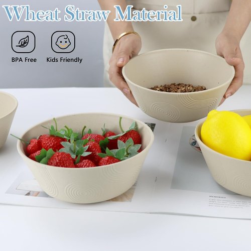 PYRMONT 36 OZ Cereal Bowls Wheat Straw Bowls Set of 6 - Alternative for Plastic Bowls Reusable Soup Bowls Microwave & Dishwasher Safe Unbreakable Bowls Kitchen for Cereal,Salad, Rice,Ramen - Beige