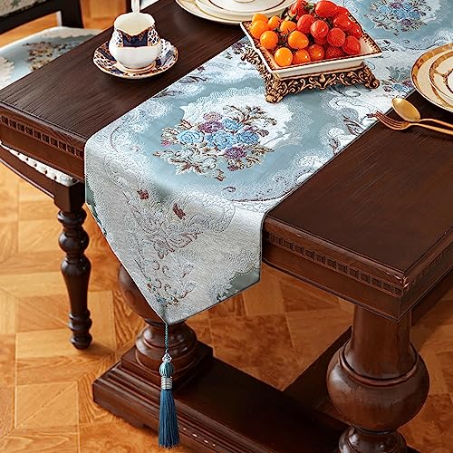 HeMiaor 13x120-Inch Blue Long Embroidered Table Runner with Tassels - Luxury Retro Decor