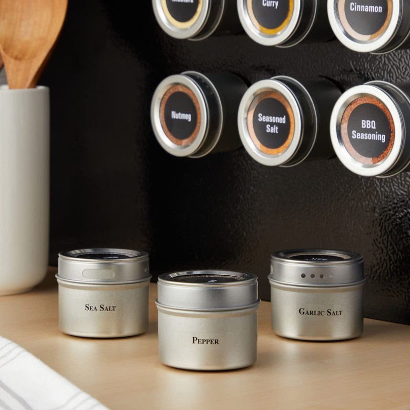 Talented Kitchen Magnetic Spice Jars for Refrigerator - 3 oz, Stainless Steel, Set of 12 - Spice Containers with Labels - Magnetic Travel Containers & Camper Must-Haves