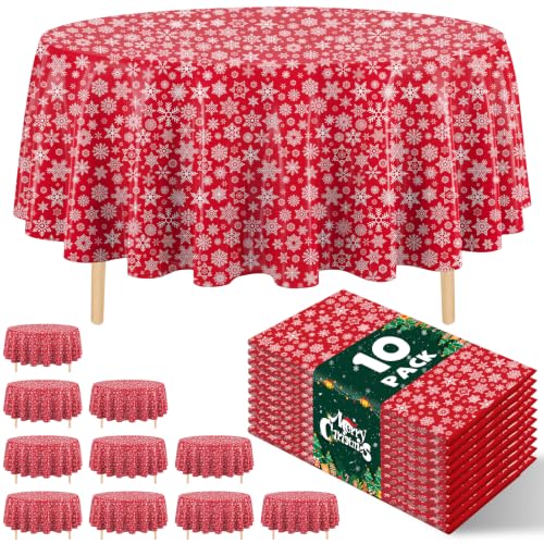 Red Snowflake Disposable Round Plastic Tablecloth 84 Inch - Pack of 10 for Christmas Parties