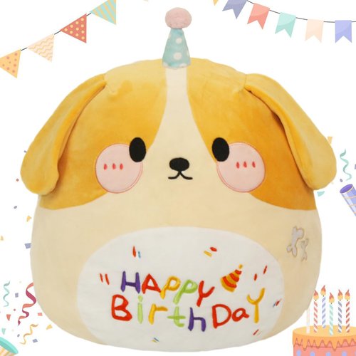 ARELUX Jumbo 18in Cute Dog Cuddle Plush Soft Stuffed Animal Large Birthday Pillow Kids Huggable Puppy Plushie Toy Big Size Happy Birthday Party Decoration Plushies Gift for Friends Boys Girls Yellow
