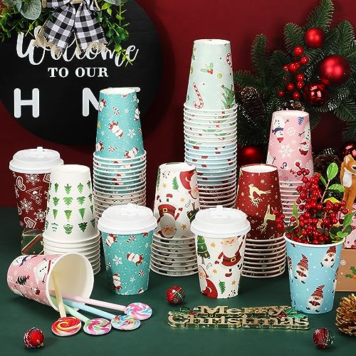 Mifoci 100 Pack Christmas Coffee Cups with Lids 12 oz – Festive Holiday Party Supplies