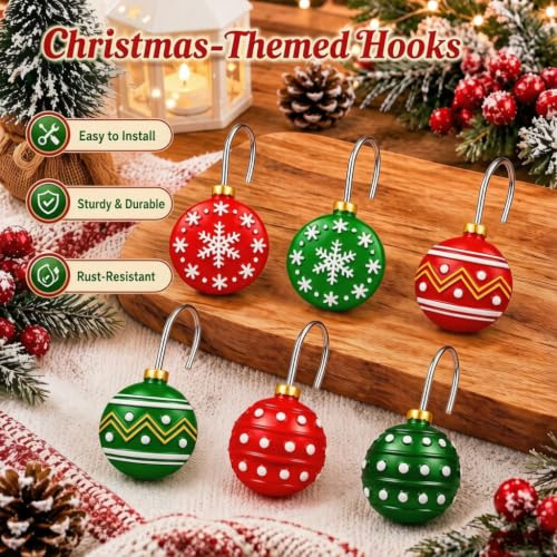 LEWUYII 12 PCS Christmas Ball Shower Curtain Hooks - Holiday Bathroom Decor