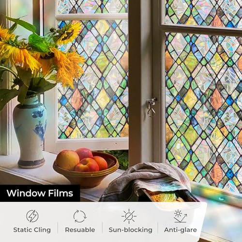 Rainbow Stained Glass Window Film - 17.5" x 78.7" Non-Adhesive
