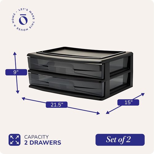 HOMZ 2-Pack Storage Cart - 2-Drawer Plastic Organizers with Smoke Tint, 15" Wide, Black Frame | Ideal for Home & Office