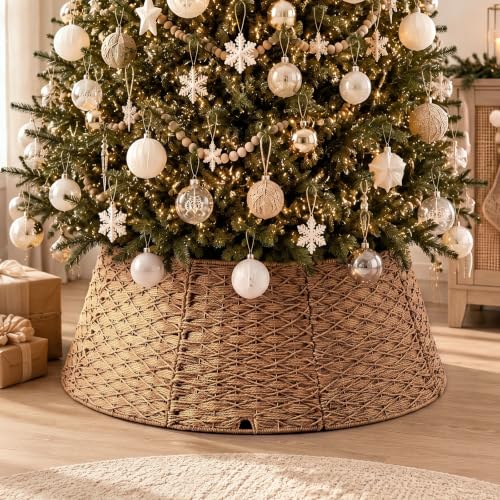Poen 42 Inch Woven Rattan Christmas Tree Collar Khaki — Handwoven, Adjustable
