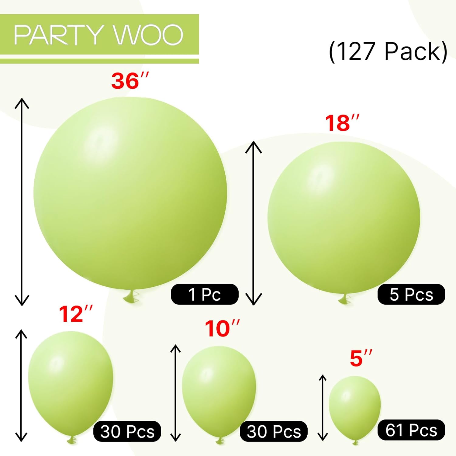 PartyWoo Lime Green Balloons - 127-Piece Latex Balloon Arch Kit for Graduation & Birthday Decor | Various Sizes 5-36 Inch