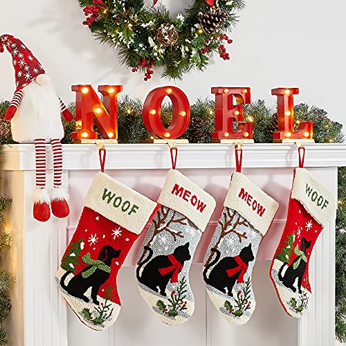 Red Noel Christmas Stocking Holders Set of 4 - Decorative Metal & Wooden Hangers for Fireplace Mantel