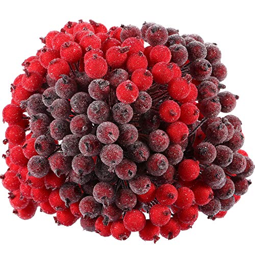 Artificial Holly Berries Stems 400 Pcs - Red & Dark Red Frosted Xmas Decor