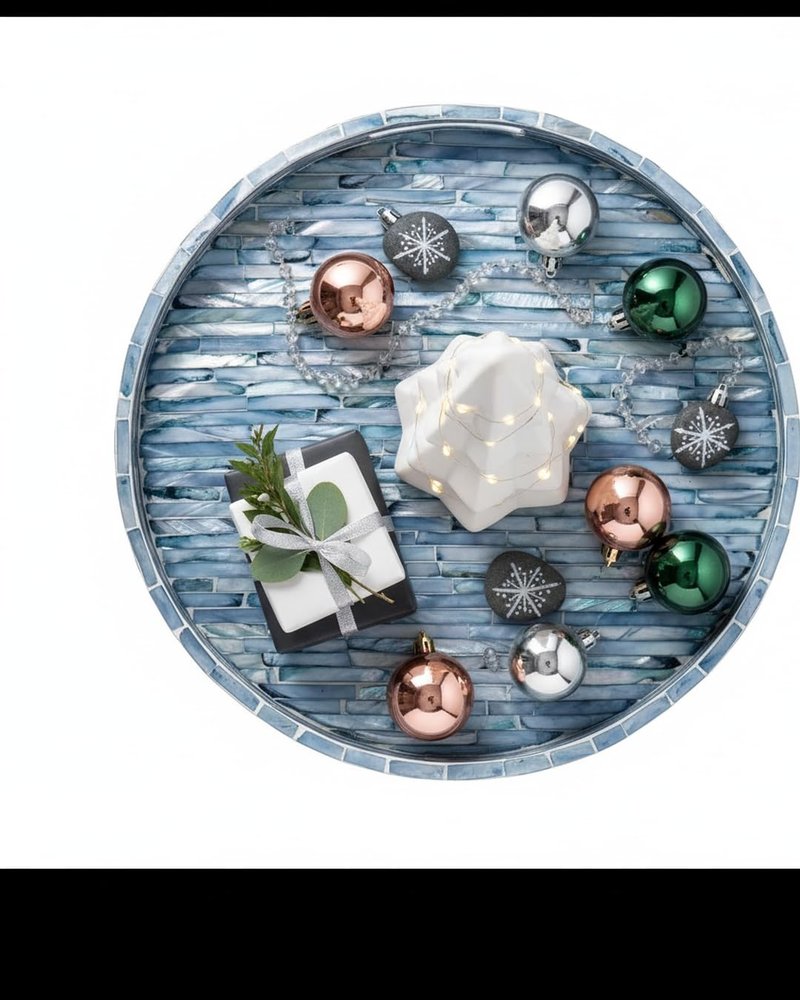 PEMAR 12.6” Mother of Pearl Round Serving Tray with Handles, Decorative Nacred Wooden Ottoman Coffee Table Tray for Dining, Party, Dinner, Breakfast in Bed (Brown Floral Pattern)
