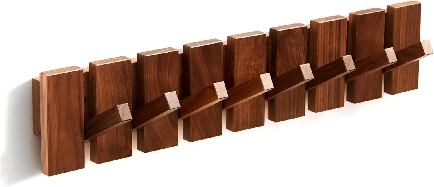 Quellance Wood Coat Rack - Heavy Duty Wall-Mounted Hanger with 8 Hooks - Walnut Finish for Coats, Keys & More