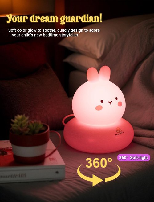 ILLUMYN Kids lamp, Bunny Night Light, Toddler Night Light, Rechargeable & Dimmable with 30 mins Timer Function, Safe Silicone Material for Kids to Play with,【9 Colors】