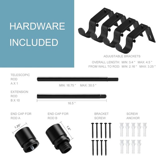Byondeth Curtain Rods - Adjustable 16 to 170 Inches | 1 Inch Diameter with Black Aluminium Finials
