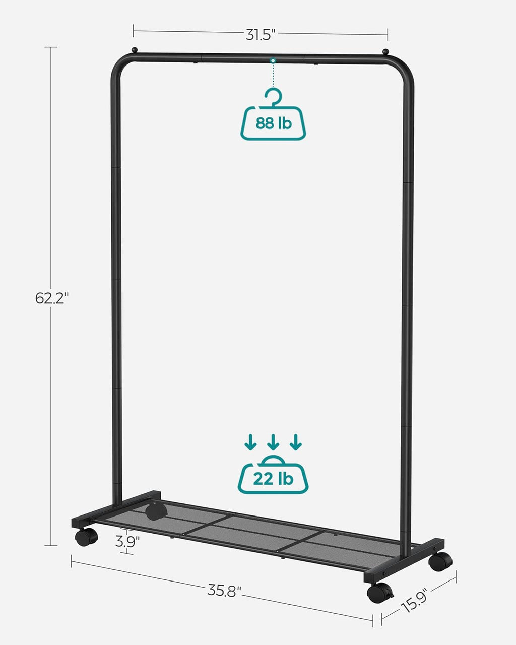 SONGMICS Clothes Rack - Mobile Garment Rack with Mesh Shelf & 110 lb Capacity - Black UHSR25BK