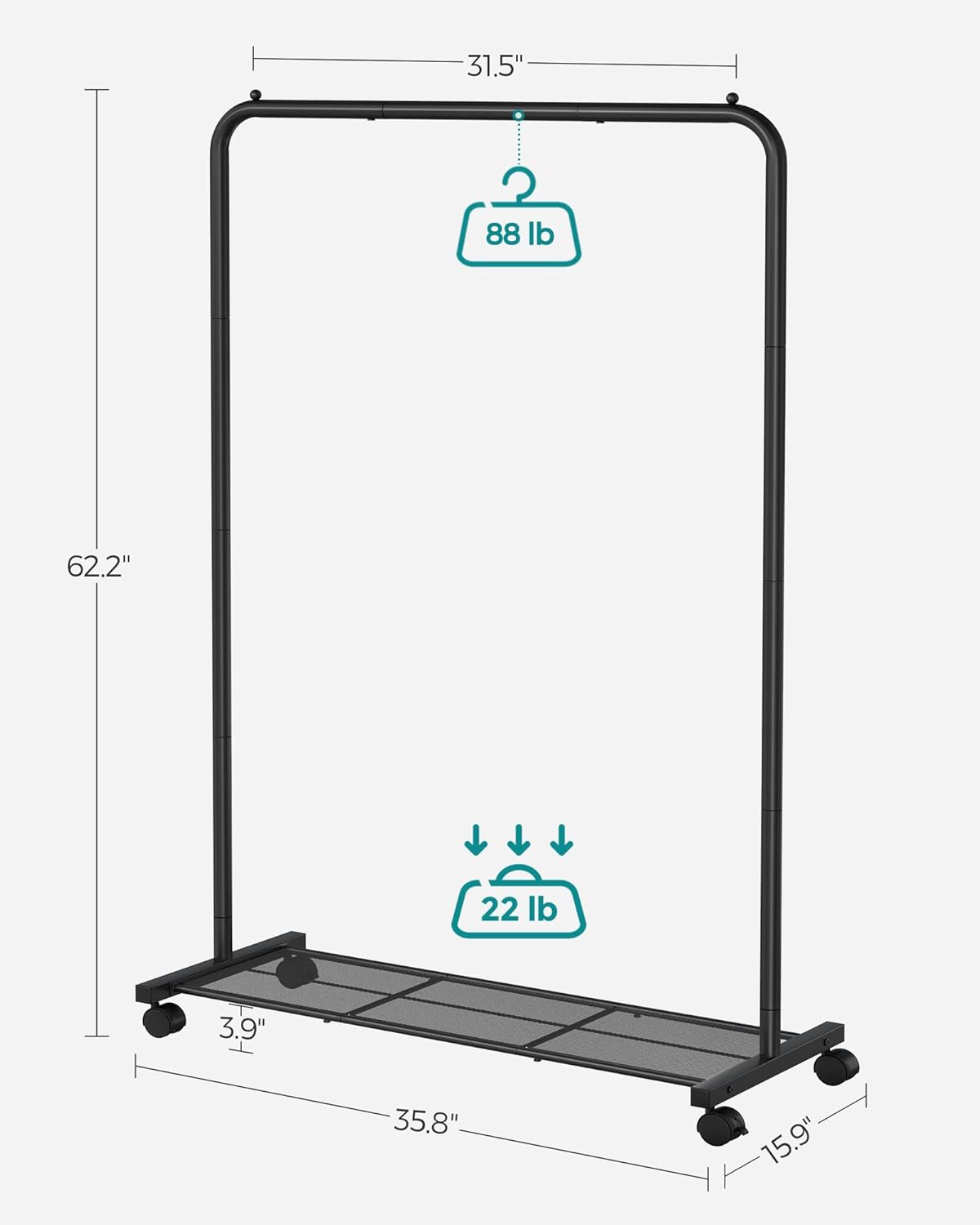 SONGMICS Clothes Rack - Mobile Garment Rack with Mesh Shelf & 110 lb Capacity - Black UHSR25BK