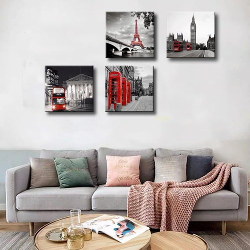 Black and White City Landscape Wall Art for Bedroom Red Street Scenery Canvas Decor for Bathroom Paris Eiffel Tower Pictures Prints London Big Ben Artwork for Living Room Office 16"x16"