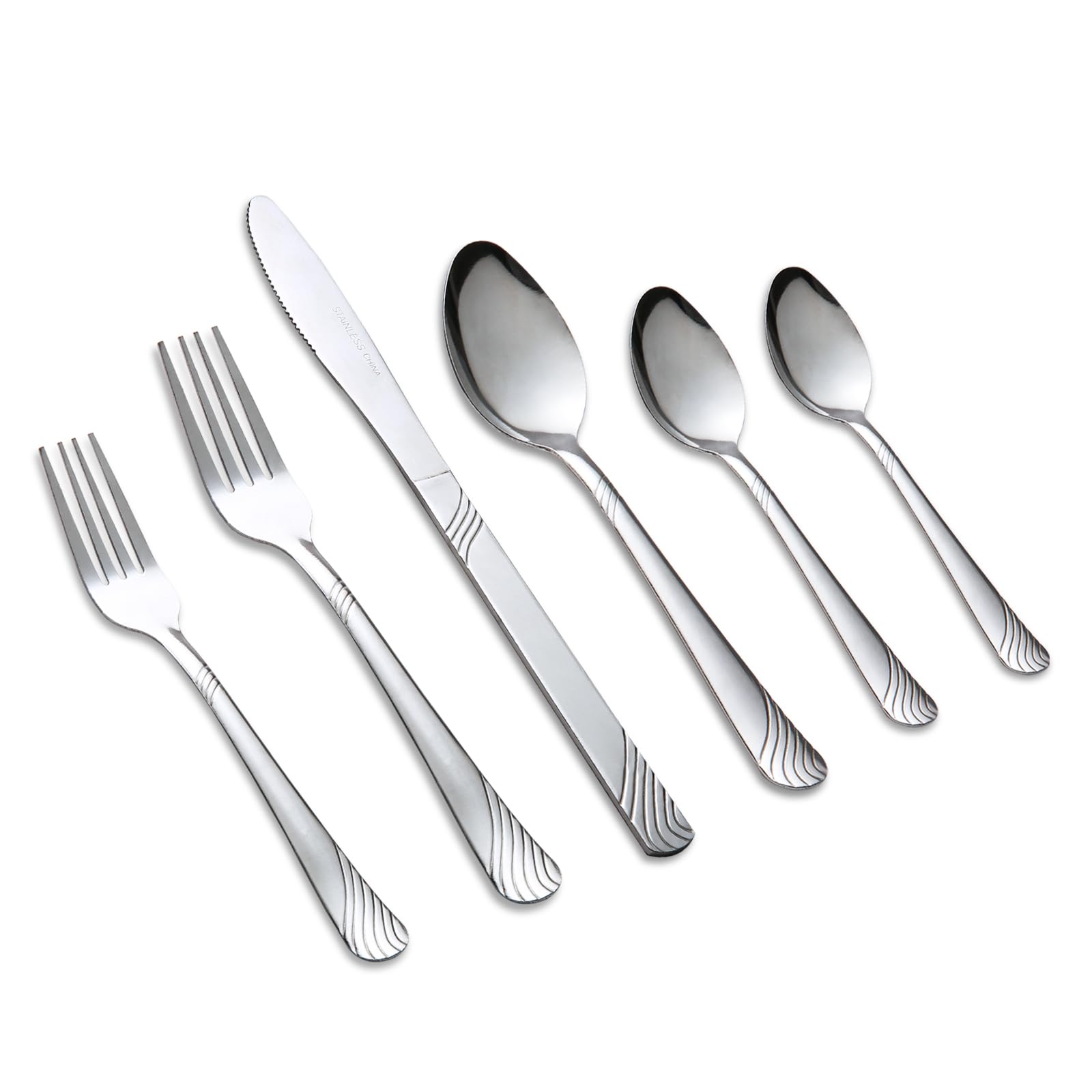 Lorena 48pcs Silverware set, Stainless Steel Tableware Set service for 8, Durable, Modern, Flatware Set Perfect for Weddings, Birthday Parties & Everyday Use, Holiday Gifts, Dishwasher safe (Silver)