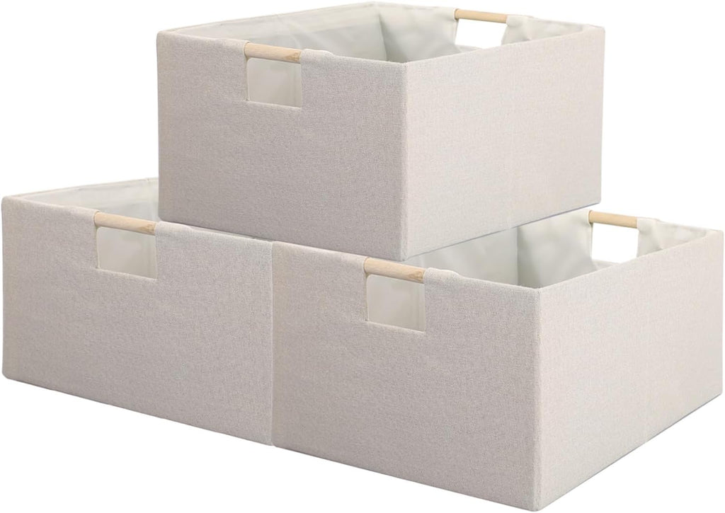 Skiennix Fabric Storage Bins - Foldable Cotton Linen Baskets with Wooden Handles | Beige, Small (3 Pack)
