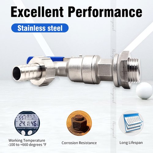 Horiznext 3/4" O.D. thread to 1/2 inch elbow barb stainless steel home brewing bulkhead ball valve fitting kit, for gallon beer pot brew kettle spigot mash tun