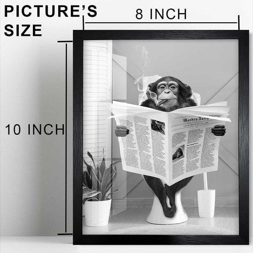 Biufo Monkey on Toilet Wall Art - Framed Canvas Print for Unique Bathroom Decor (8"x10")