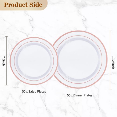 BESTVIP 100PCS Rose Gold Plastic Plate, Disposable Party Plates with 50 Dinner and 50 Dessert Plates, Plastic Plate for Party, Wedding and Birthday