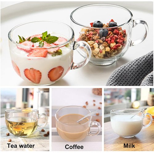 Large Clear Glass Coffee Mugs Set of 2,14.8 oz(440ml)-Wide Mouth Tea Cups with Handle and Spoon Transparent Drinking for Cappuccino Cups, Latte, Milk color 4 Piece