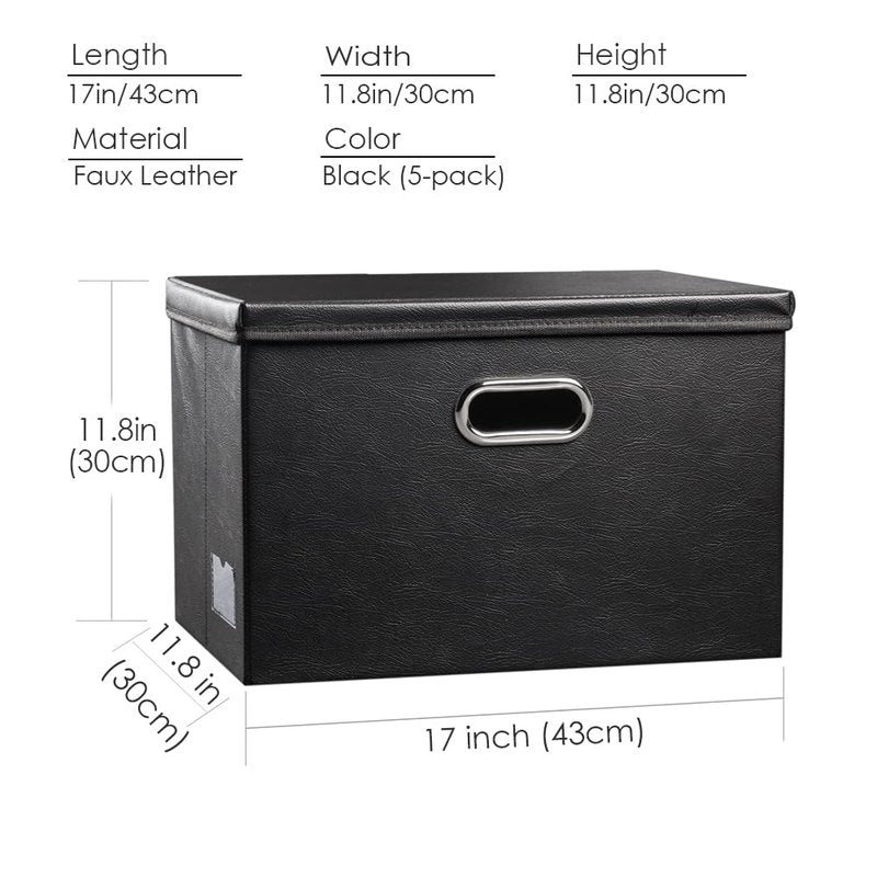PRANDOM Large Stackable Storage Boxes with Lids [5-Pack] Leather Fabric Foldable Storage Bins Organizer Containers Baskets Cubes with Cover for Bedroom Closet Office Nursery Black(17.7x11.8x11.8)