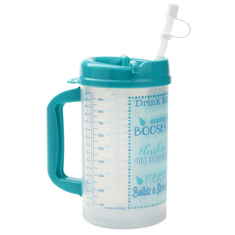 Plum Hill Hospital Cup With Lid and Straw - 32 Ounce Insulated Water Bottle, Drinking Mug With Measurements - Teal