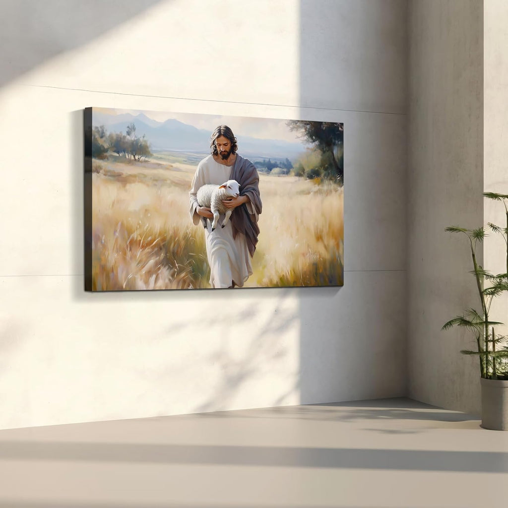 Wewejia Jesus and Lamb Canvas Wall Art - Large 46x32 Inch Religious Faith Painting for Home Decor