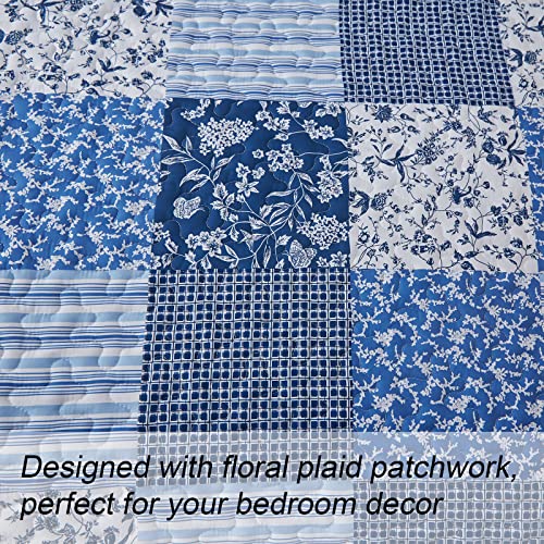Mybedsoul King Size Boho Patchwork Floral Quilt Set, 3-Piece Blue Coverlet