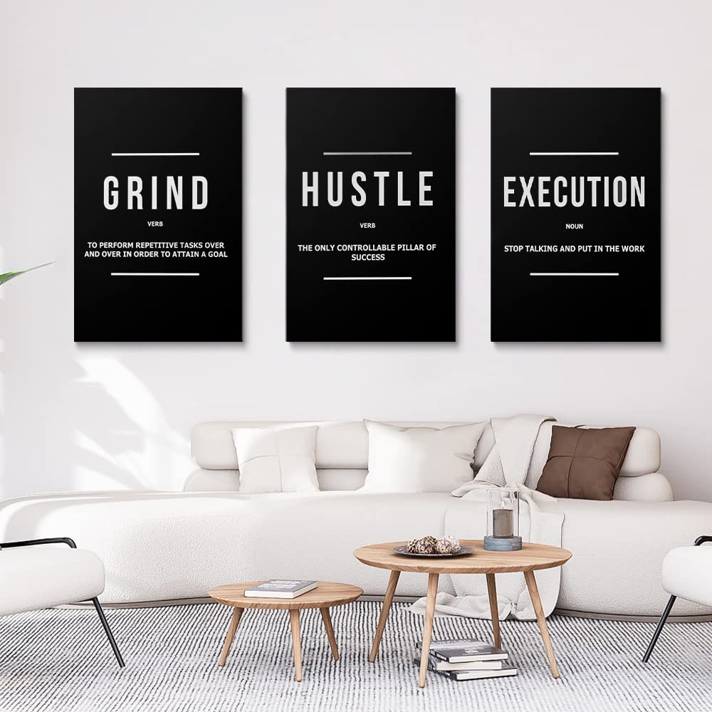 GUBIYU Black and White Motivational Wall Decor for Living Room Grind Hustle Execution Canvas Wall Art Pictures Large Office Wall Art Inspirational Posters for Men Guys Bedroom Gym Decor 16"x24"