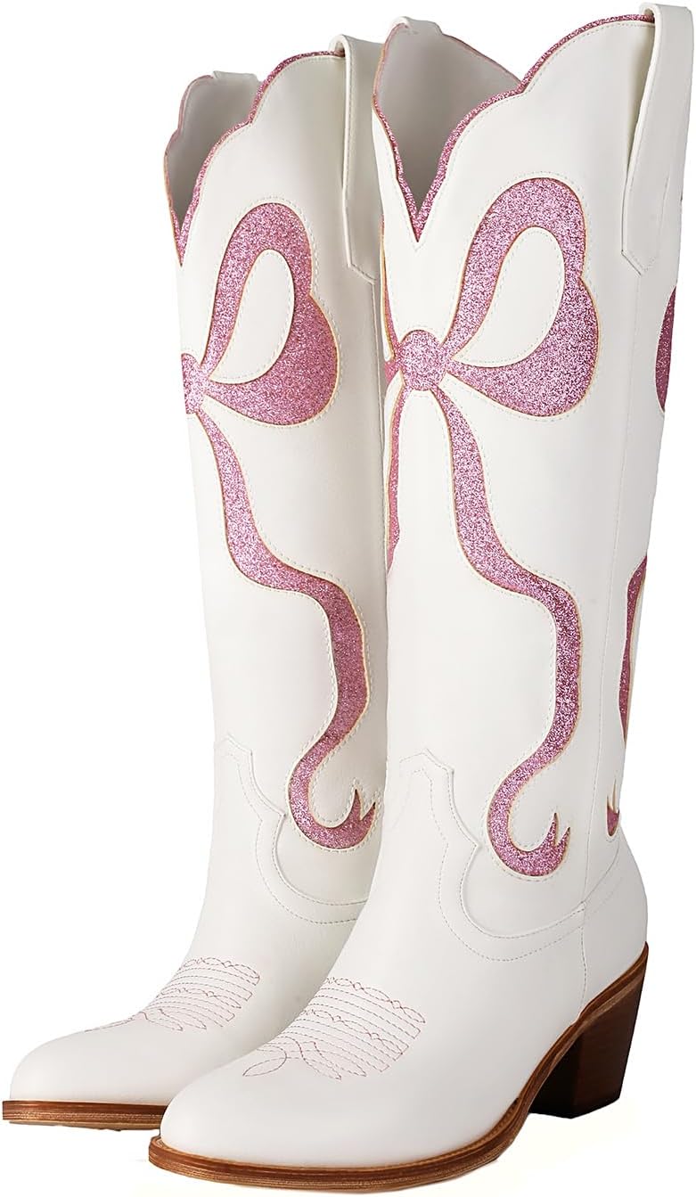 Skiennix Women's White Cowgirl Boots - Knee High, Almond Round Toe, Chunky Heel, Embroidered Design