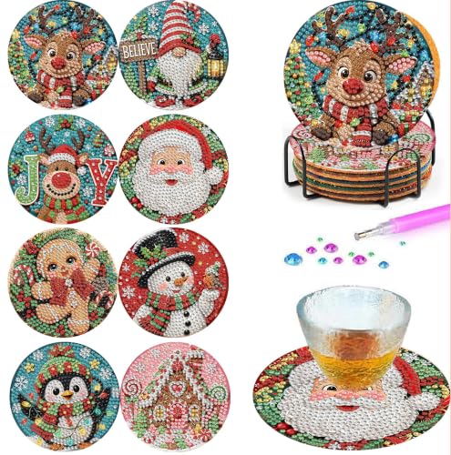 8 PCS Christmas Diamond Coaster Kit with 1 Stand - Bdwy559 - DIY Diamond Painting Coasters