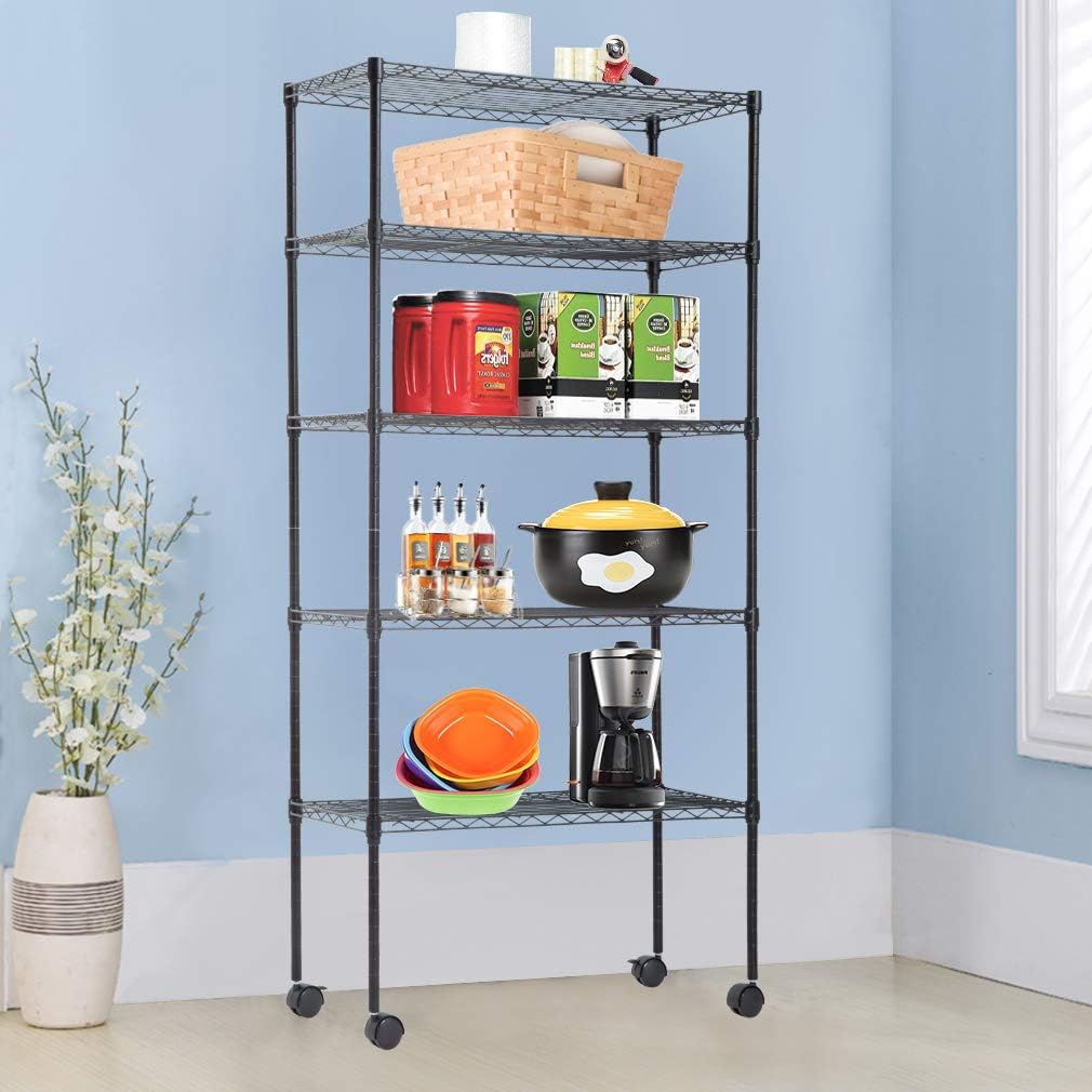 BestOffice 5-Tier Wire Storage Shelves - Adjustable Heavy-Duty Metal Racks with Wheels | 14x30x60 | Black | Holds Up to 220 lbs | Easy No-Tool Assembly for Home & Garage