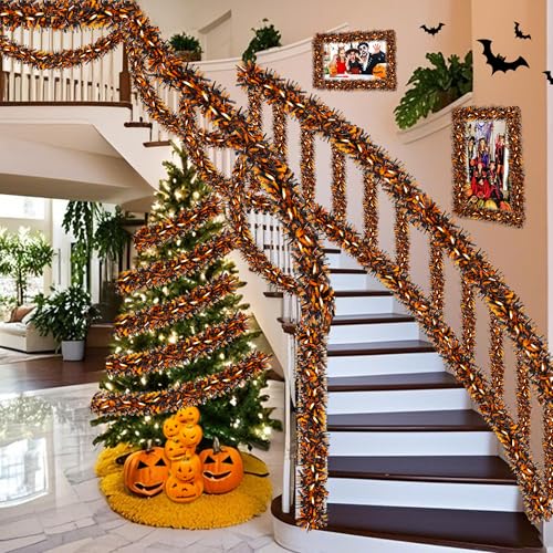 50ft Halloween Tinsel Garland - Metallic Orange & Black Hanging Decor
