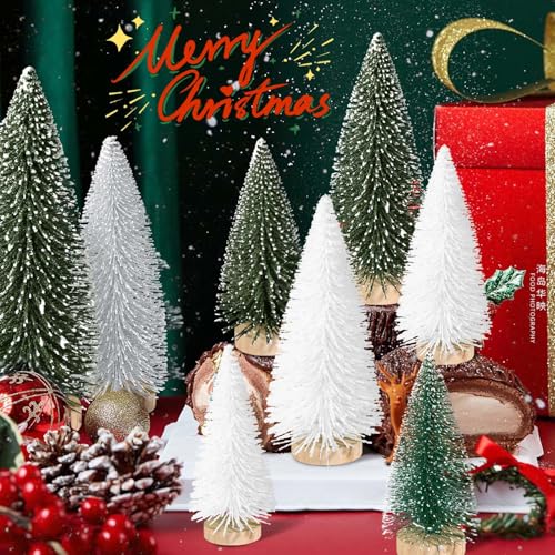 KPX 9pcs Mini Christmas Tree Set - Green, Silver, White Desktop Artificial Pine Trees with Wooden Bases