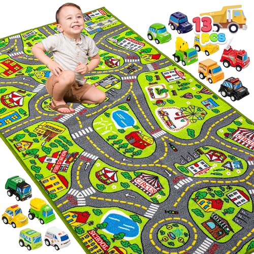City Life Play Rug with 12 Pull-Back Toy Vehicles - 58.5" x 31.5" Playmat