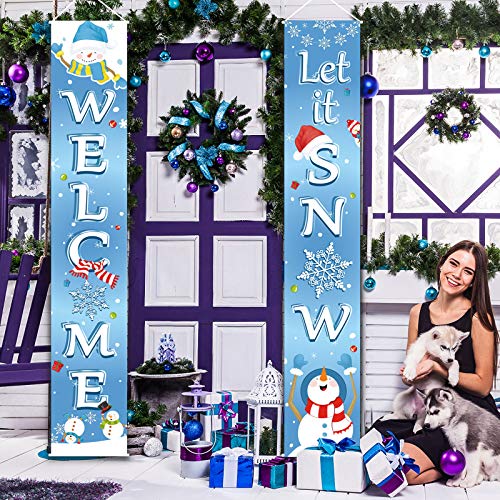 Blulu Let It Snow Welcome Front Door Porch Sign - Christmas Decoration Banner (Light Blue)