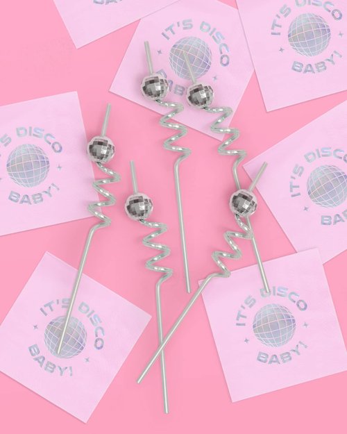 xo, Fetti Disco Ball Reusable Swirly Straw Set - 16 pc | Groovy Birthday Party Supplies, Last Disco Bachelorette Decorations, 70s, Space Cowboy