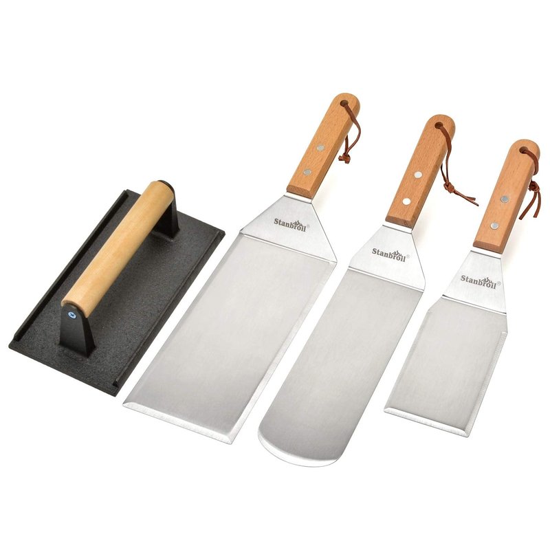 Stanbroil Large Metal Griddle Spatula Set with Long Flat Spatulas and Cast Iron Grill Press for Flat Tops, Griddles, Grills, Ovens and Stoves,Set of 4