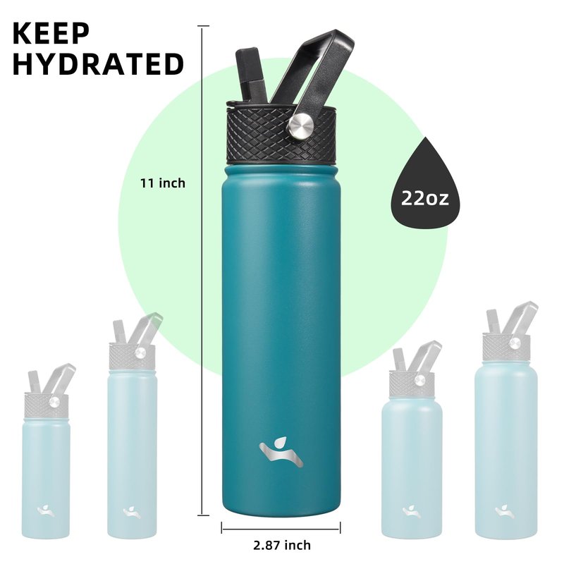 Konokyo 22oz Stainless Steel Bottles with 3 Lids Sport Insulated Water Bottle,Light Blue